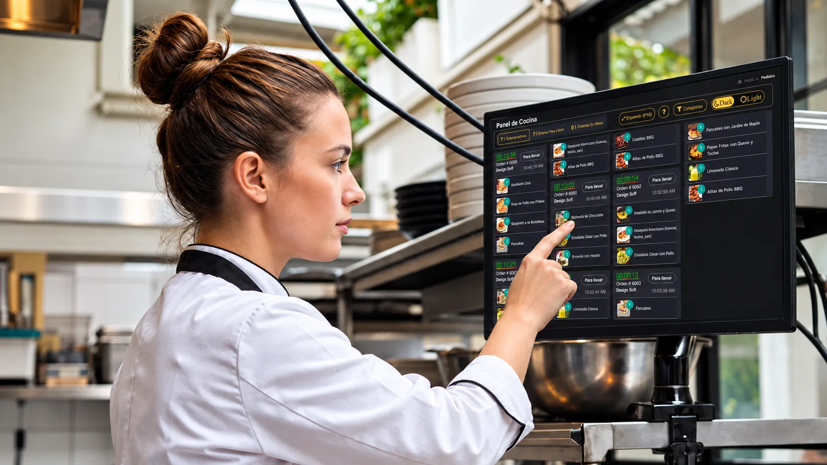 Chef utilizando el panel de comandas KDS de POS Restaurantes en la cocina de un restaurante