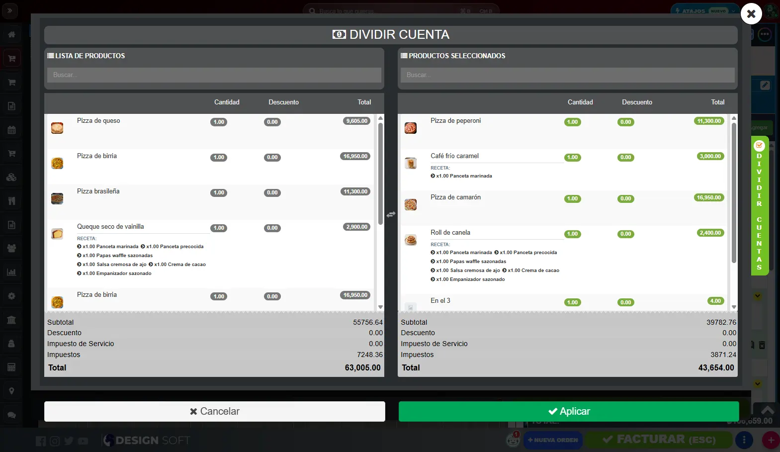 Pantalla web de POS Restaurantes para dividir una cuenta: productos de la cuenta original y de la cuenta separada con sus totales