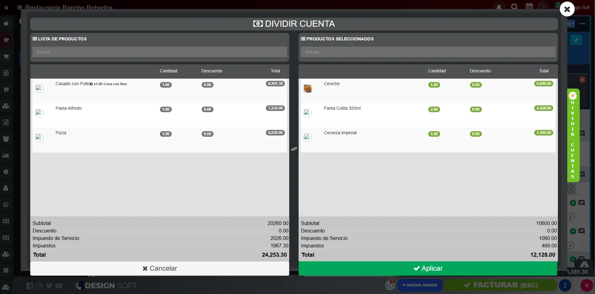 Pantalla web de POS Restaurantes para dividir una cuenta: productos de la cuenta original y de la cuenta separada con sus totales