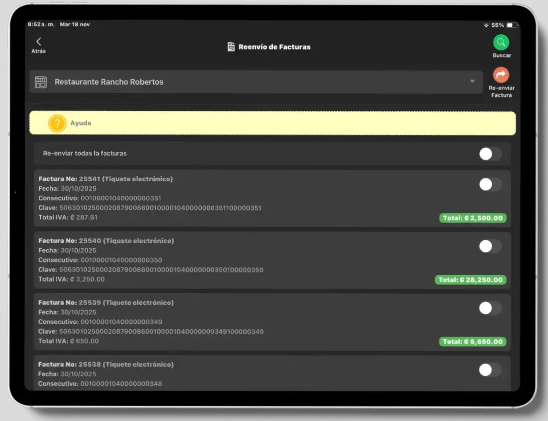 Reenvio de facturas y XML en sistema POS para bares