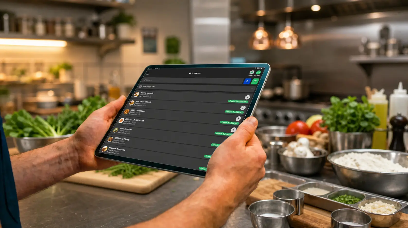 Tablet para consultar productos en una cocina de recetas